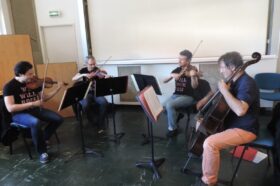 violon 1 : Steve DUONG – Médecin au CH La Chartreuse, violon 2 : Jean-Christophe HALLER – Professeur au conservatoire de musique de Longvic, alto : Christophe FARRUGIA – Professeur au conservatoire de musique de Dijon, violoncelle : Emmanuel BIGAND.