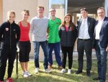 Mary CHAPPE et Camille LERCH joueuses au Dijon Football Côte d’Or Féminin (DFCO) Emilie HONIAT – Educatrice en activité physique adaptée olivier peillard  – Cadre de santé référent de l’Equipe de Sport Adapté Florent Martin – Infirmier référent de l’Equipe de Sport Adapté Jean-Yves Pian – Président du Conseil de Surveillance du CH La Chartreuse, Bruno MADELPUECH – Directeur,