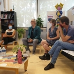 Dr Muriel Roy, Jérôme Thomas,Catherine Mongin et Didier Gasnier Caf&doc Le projet cirque Lili au CHLC
